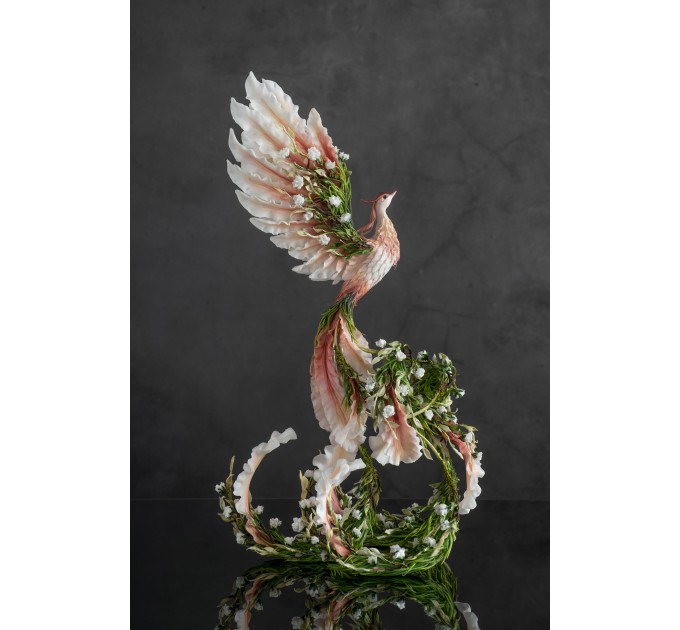 Handmade Phoenix Statue bird made of clay. Pink and green bird