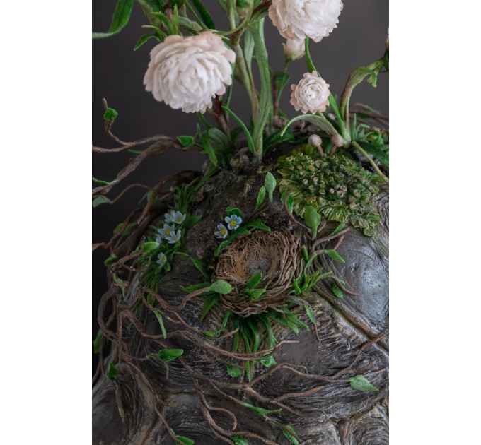 Handmade Turtle statue with flowers and hummingbird 