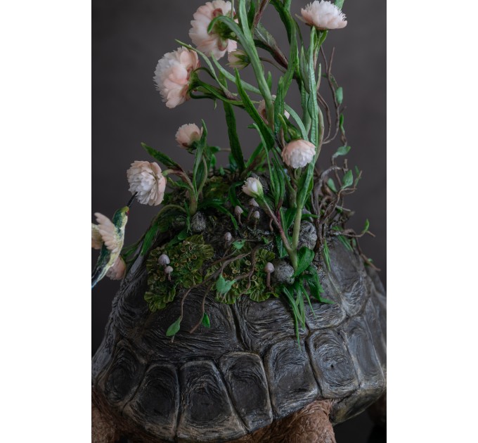 Handmade tortoise statue with flowers peony and hummingbirds figurines