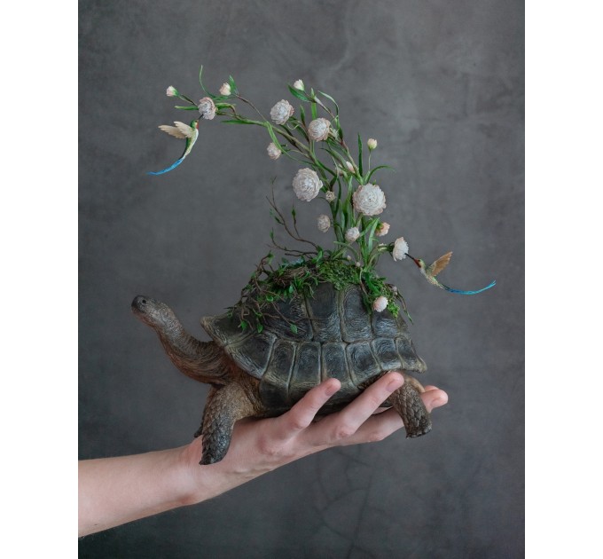 Handmade Turtle statue with flowers and hummingbird 