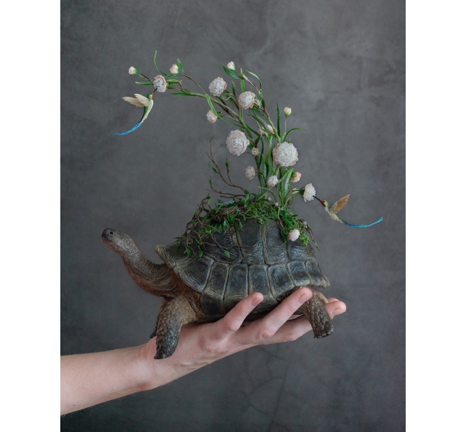 Handmade tortoise statue with flowers peony and hummingbirds figurines