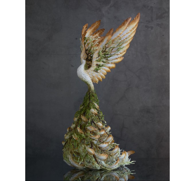 Handmade White Phoenix Statue bird made of air clay. Fantasy OOAK