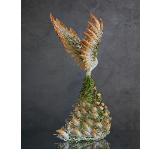 Handmade White Phoenix Statue bird made of air clay. Fantasy OOAK