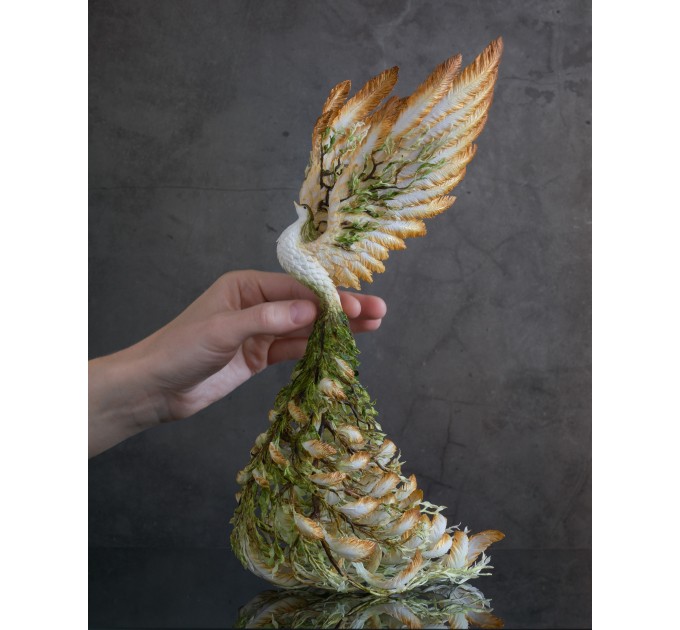 Handmade White Phoenix Statue bird made of air clay. Fantasy OOAK