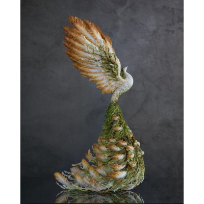 Handmade White Phoenix Statue bird made of air clay. Fantasy OOAK