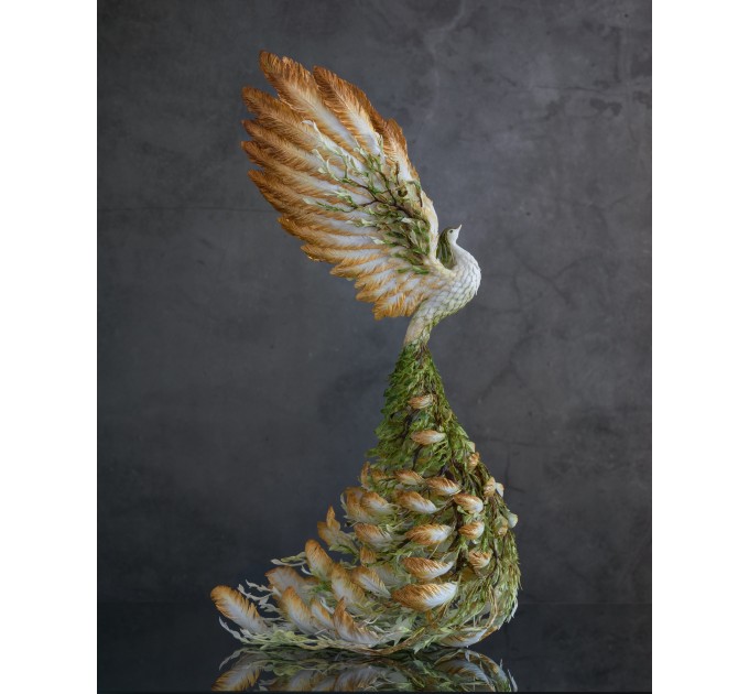 Handmade White Phoenix Statue bird made of air clay. Fantasy OOAK