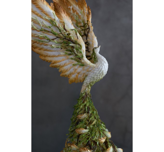 Handmade White Phoenix Statue bird made of air clay. Fantasy OOAK