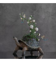 Handmade Turtle statue with flowers peony and hummingbirds figurines