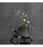 Handmade Turtle statue with flowers peony and hummingbirds figurines