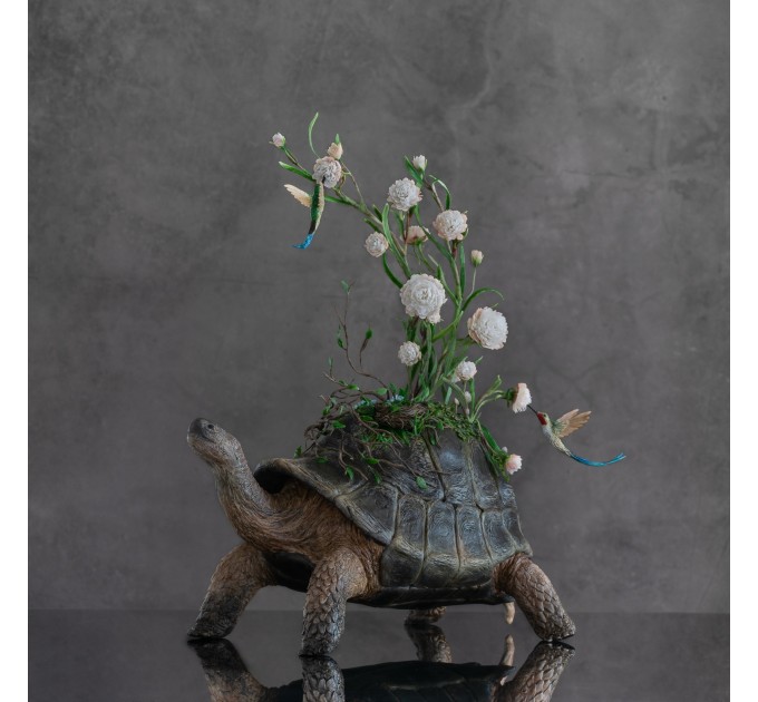 Handmade tortoise statue with flowers peony and hummingbirds figurines