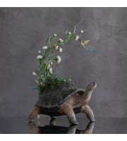Handmade Turtle statue with flowers peony and hummingbirds figurines