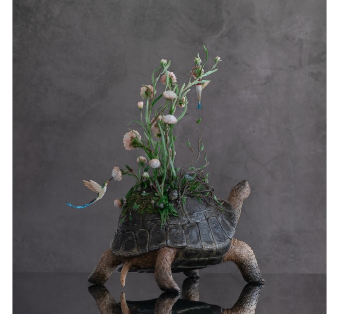 Handmade tortoise statue with flowers peony and hummingbirds figurines