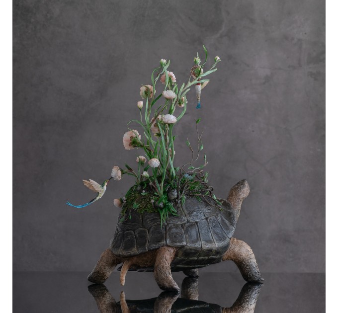 Handmade tortoise statue with flowers peony and hummingbirds figurines