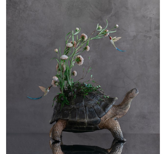 Handmade tortoise statue with flowers peony and hummingbirds figurines