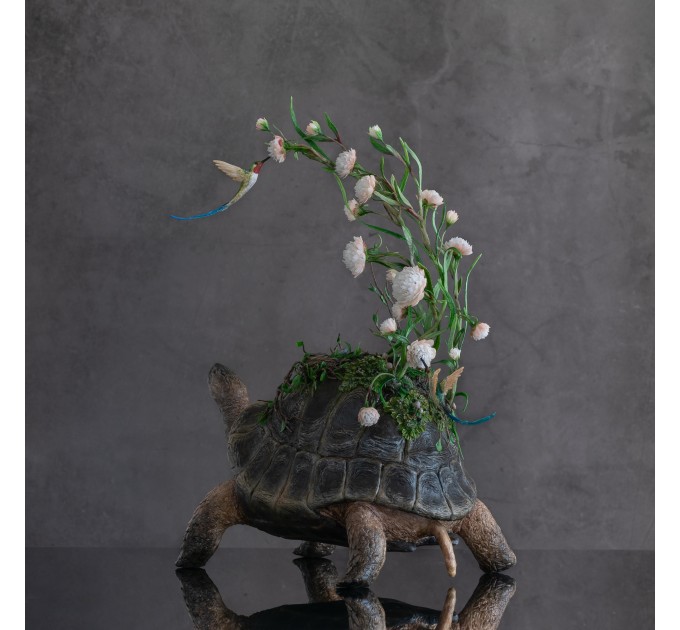 Handmade tortoise statue with flowers peony and hummingbirds figurines