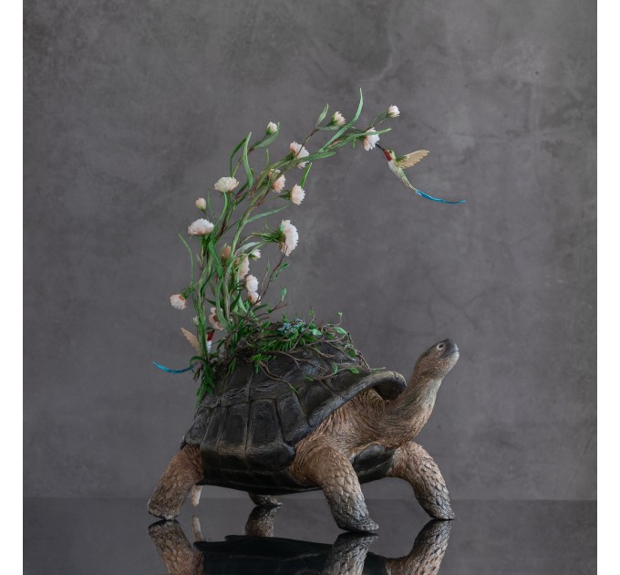 Handmade tortoise statue with flowers peony and hummingbirds figurines