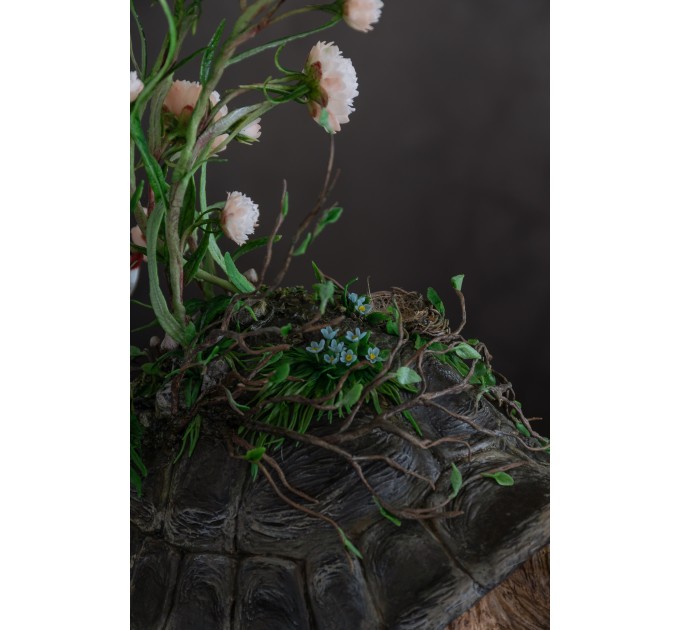 Handmade tortoise statue with flowers peony and hummingbirds figurines