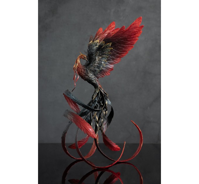 Handmade Phoenix Statue bird made of air clay. Black and red bird