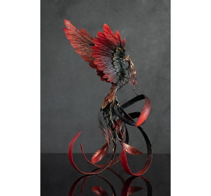 Handmade Phoenix Statue bird made of air clay. Black and red bird