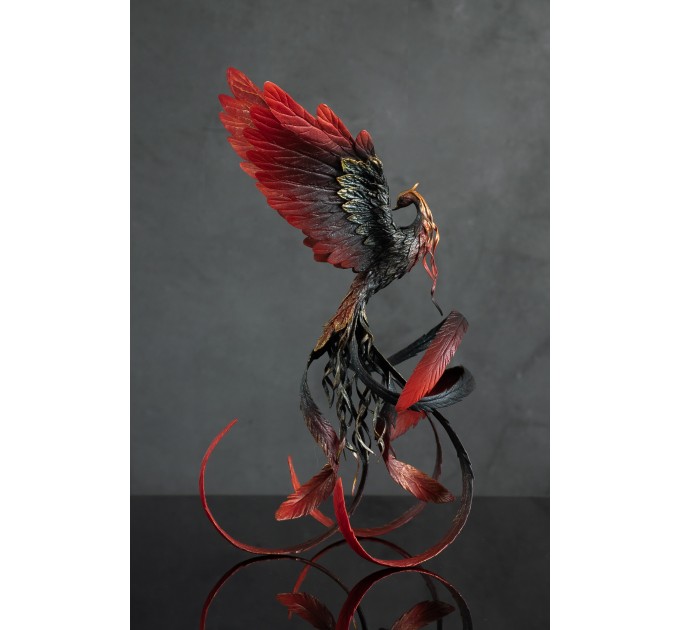 Handmade Phoenix Statue bird made of air clay. Black and red bird