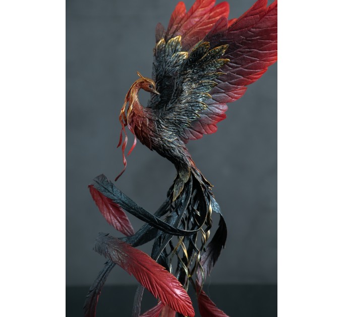 Handmade Phoenix Statue bird made of air clay. Black and red bird