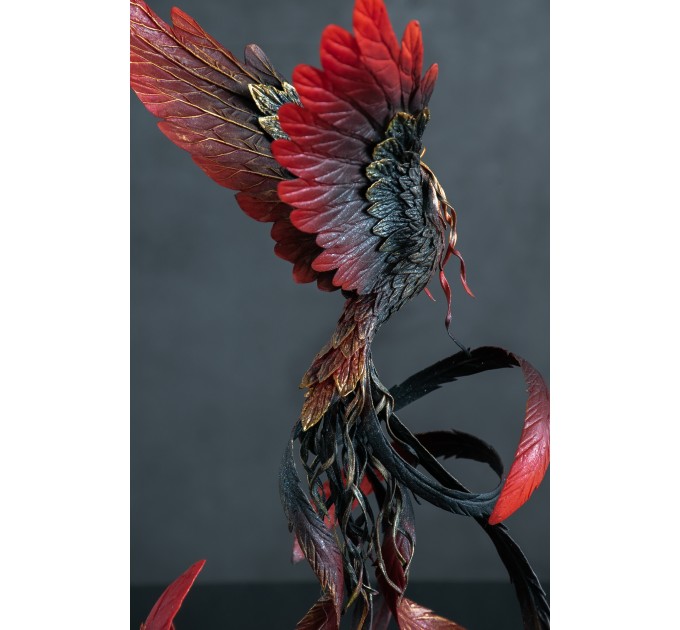 Handmade Phoenix Statue bird made of air clay. Black and red bird