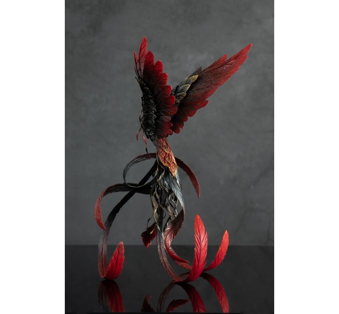 Handmade Phoenix Statue bird made of air clay. Black and red bird