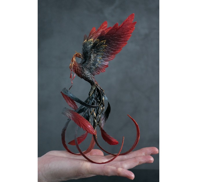 Handmade Phoenix Statue bird made of air clay. Black and red bird