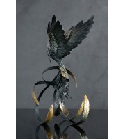 Handmade Phoenix Statue bird made of air clay. Black and gold bird