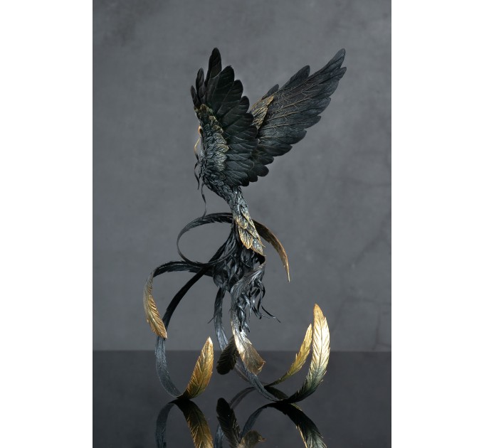 Handmade Phoenix Statue bird made of air clay. Black and gold bird