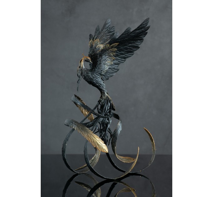 Handmade Phoenix Statue bird made of air clay. Black and gold bird