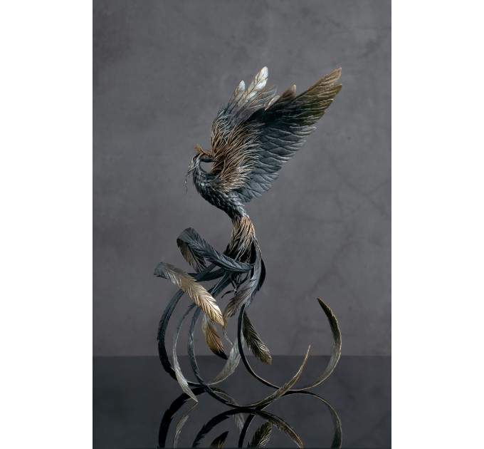 Handmade Phoenix Statue bird made of air clay. Black and white bird