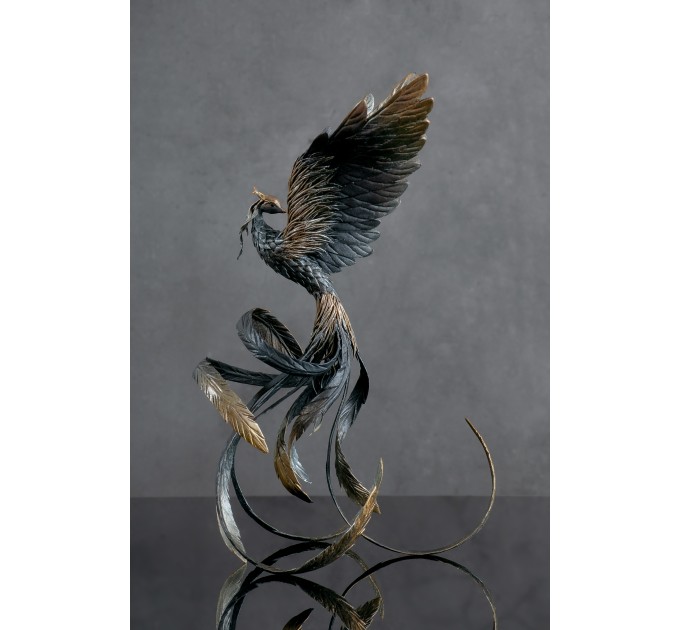 Handmade Phoenix Statue bird made of air clay. Black and white bird