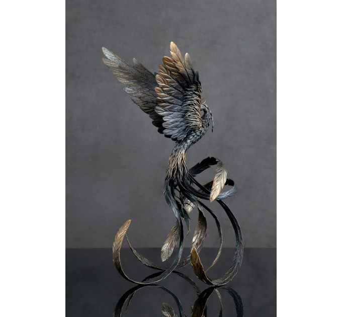 Handmade Phoenix Statue bird made of air clay. Black and white bird