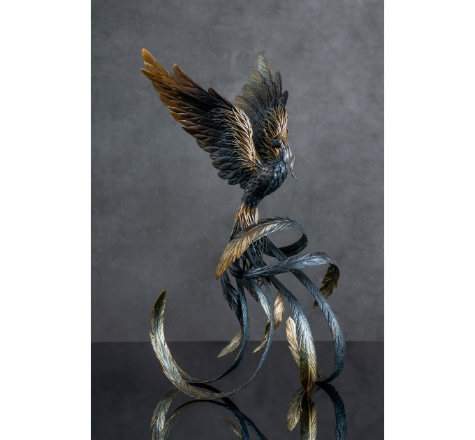 Handmade Phoenix Statue bird made of air clay. Black and white bird