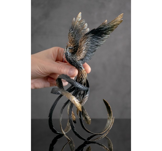 Handmade Phoenix Statue bird made of air clay. Black and white bird