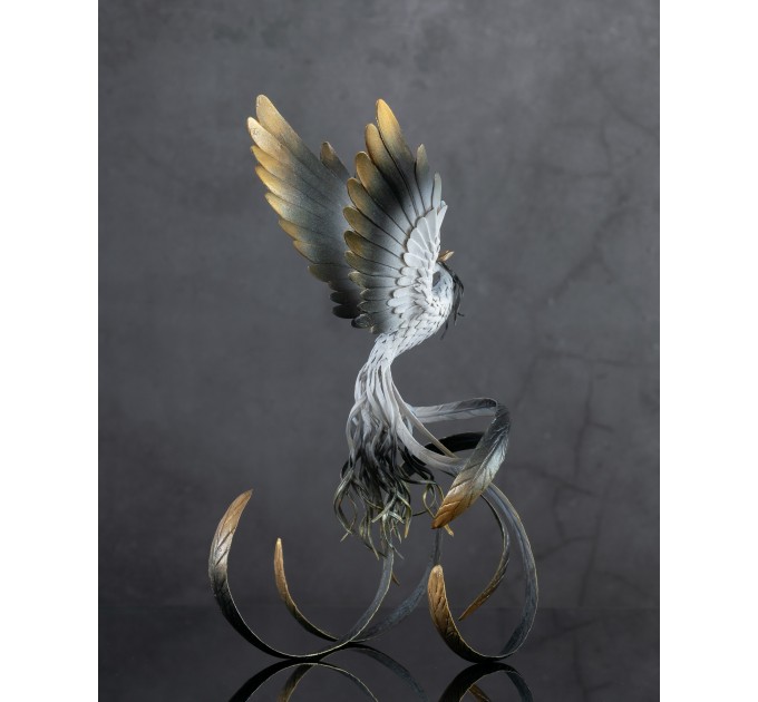 Handmade Phoenix Statue bird made of air clay. Black and white bird