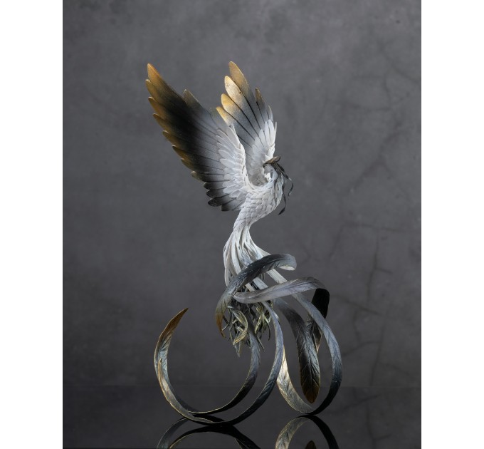 Handmade Phoenix Statue bird made of air clay. Black and white bird