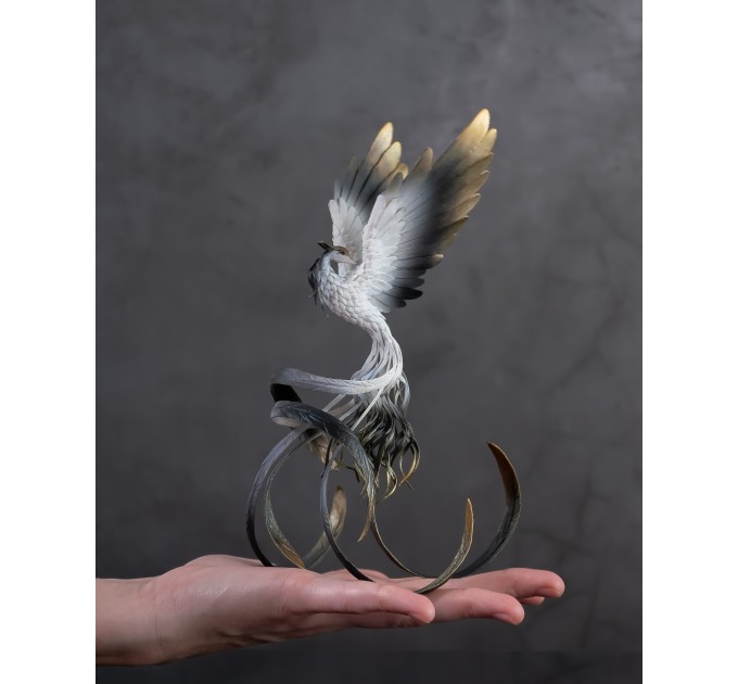 Handmade Phoenix Statue bird made of air clay. Black and white bird