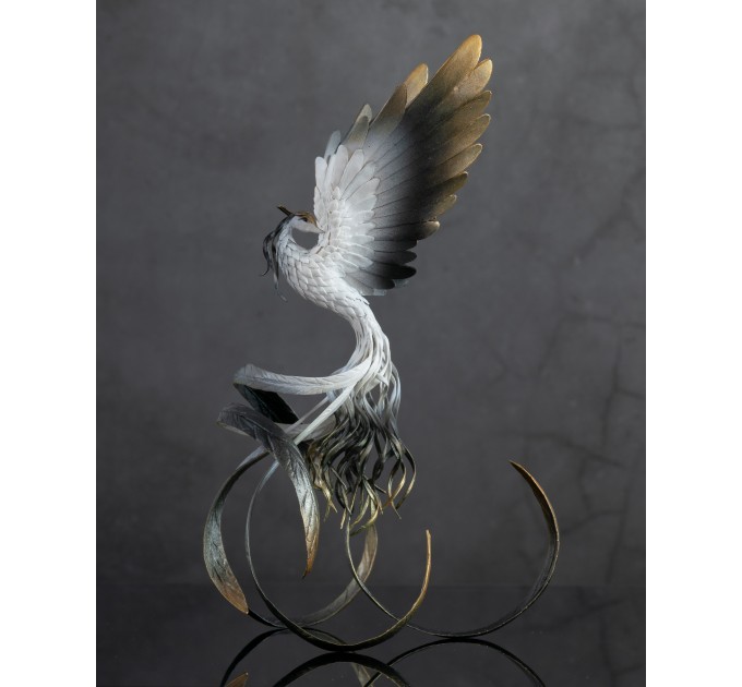 Handmade Phoenix Statue bird made of air clay. Black and white bird