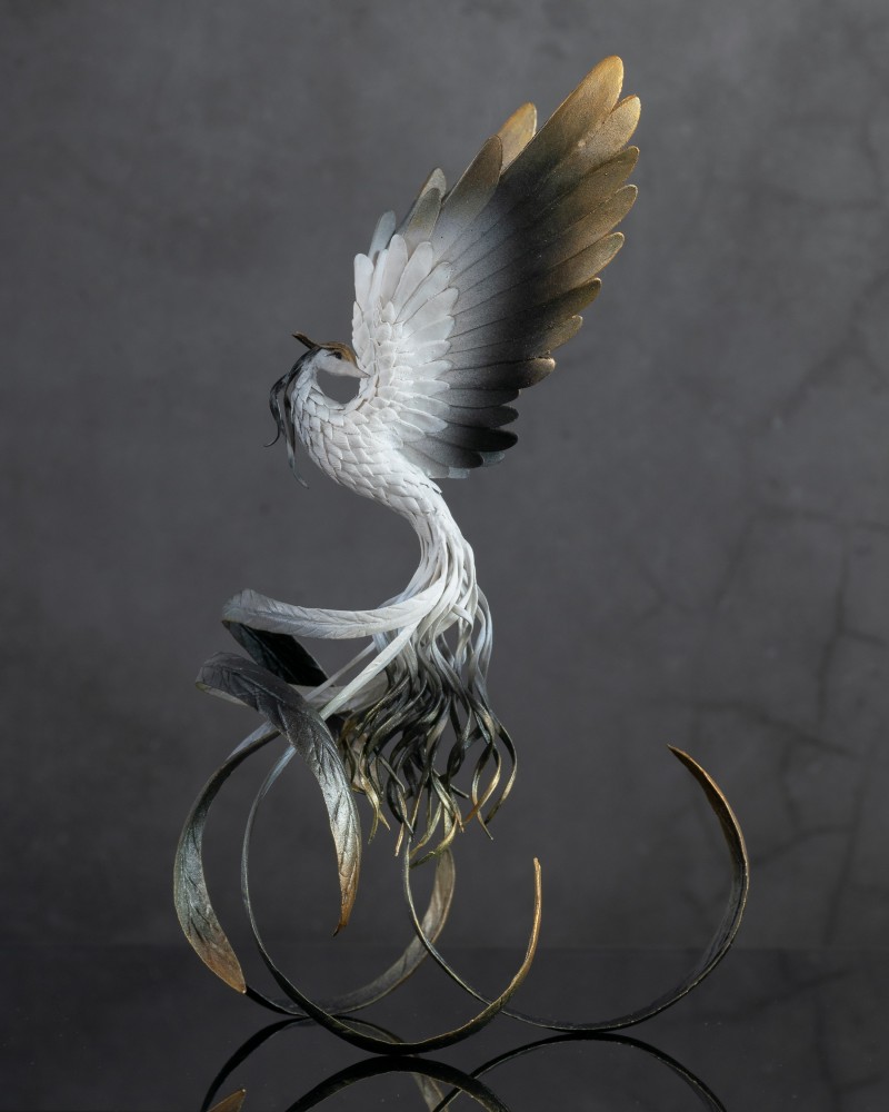 Black and white phoenix statue fire bird by handmade 