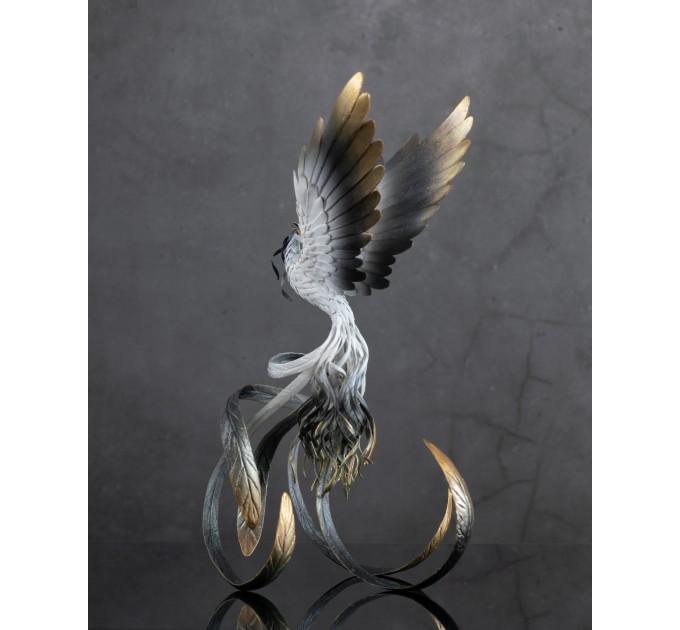 Handmade Phoenix Statue bird made of air clay. Black and white bird