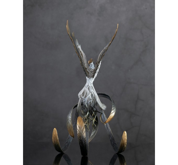 Handmade Phoenix Statue bird made of air clay. Black and white bird