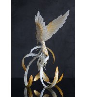 Handmade Phoenix Statue bird made of air clay. White and gold bird