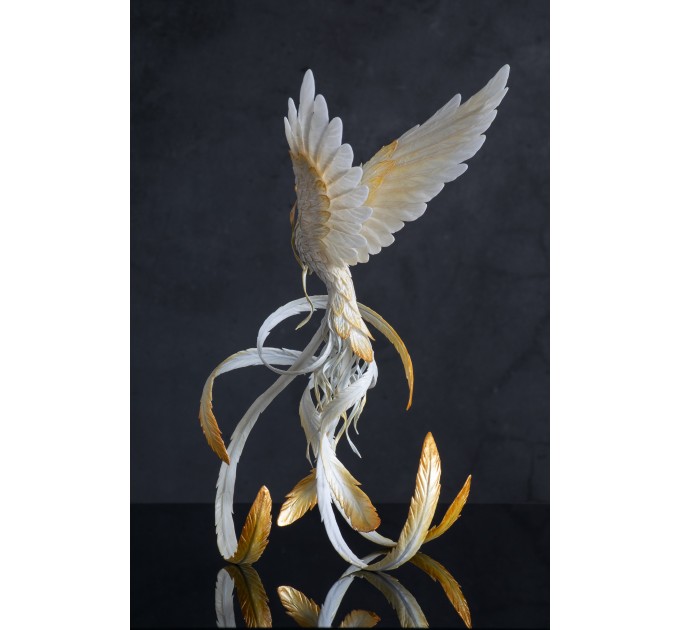 Handmade Phoenix Statue bird made of air clay. White and gold bird