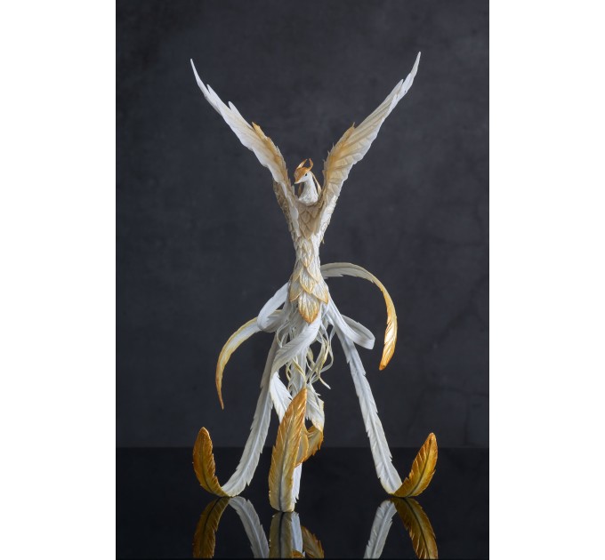 Handmade Phoenix Statue bird made of air clay. White and gold bird