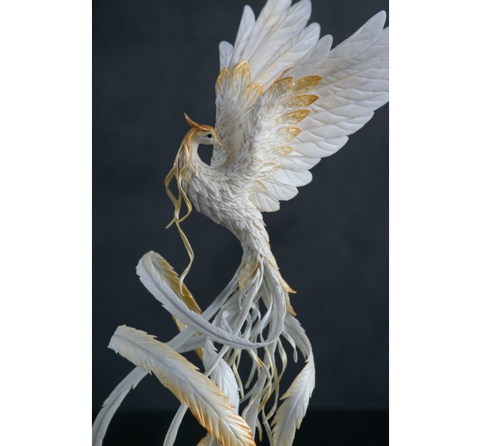 Handmade Phoenix Statue bird made of air clay. White and gold bird