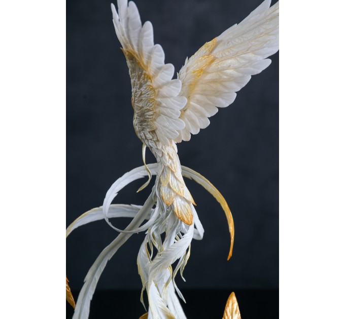 Handmade Phoenix Statue bird made of air clay. White and gold bird