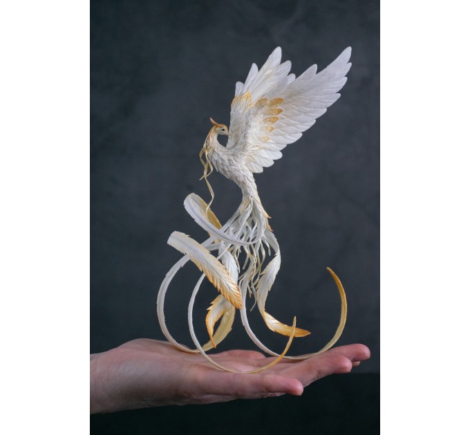 Handmade Phoenix Statue bird made of air clay. White and gold bird