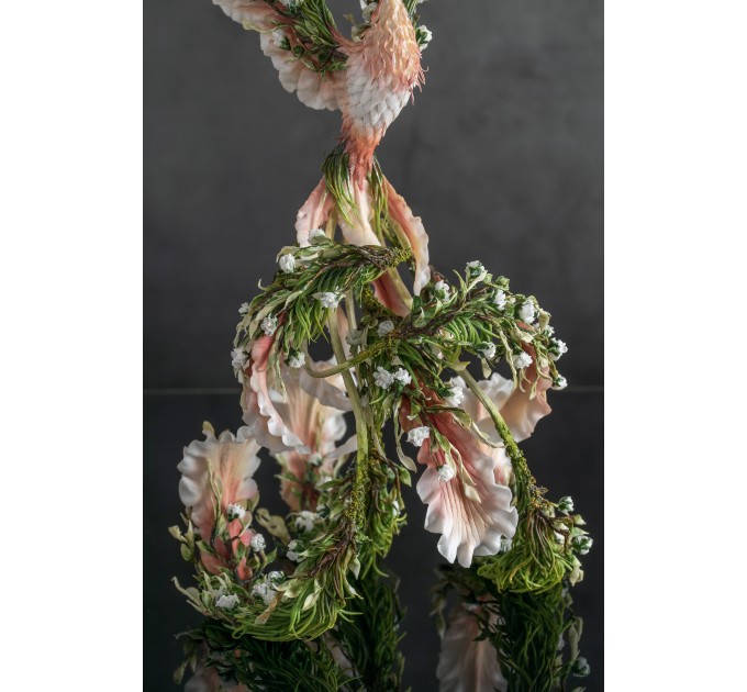 Handmade Phoenix Statue bird made of clay. Pink and green bird